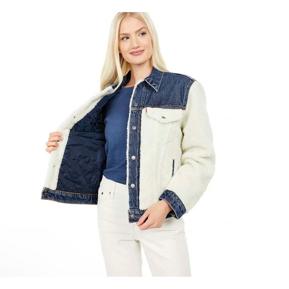 Levi's XS Mixed Media Denim Sherpa Trucker Jacket Blue Cream Cotton Blend